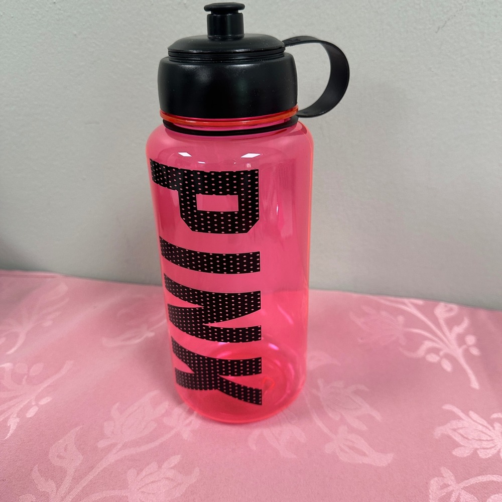 Victoria's Secret PINK Water Bottle Translucent Pink Black Logo Reusable 32oz